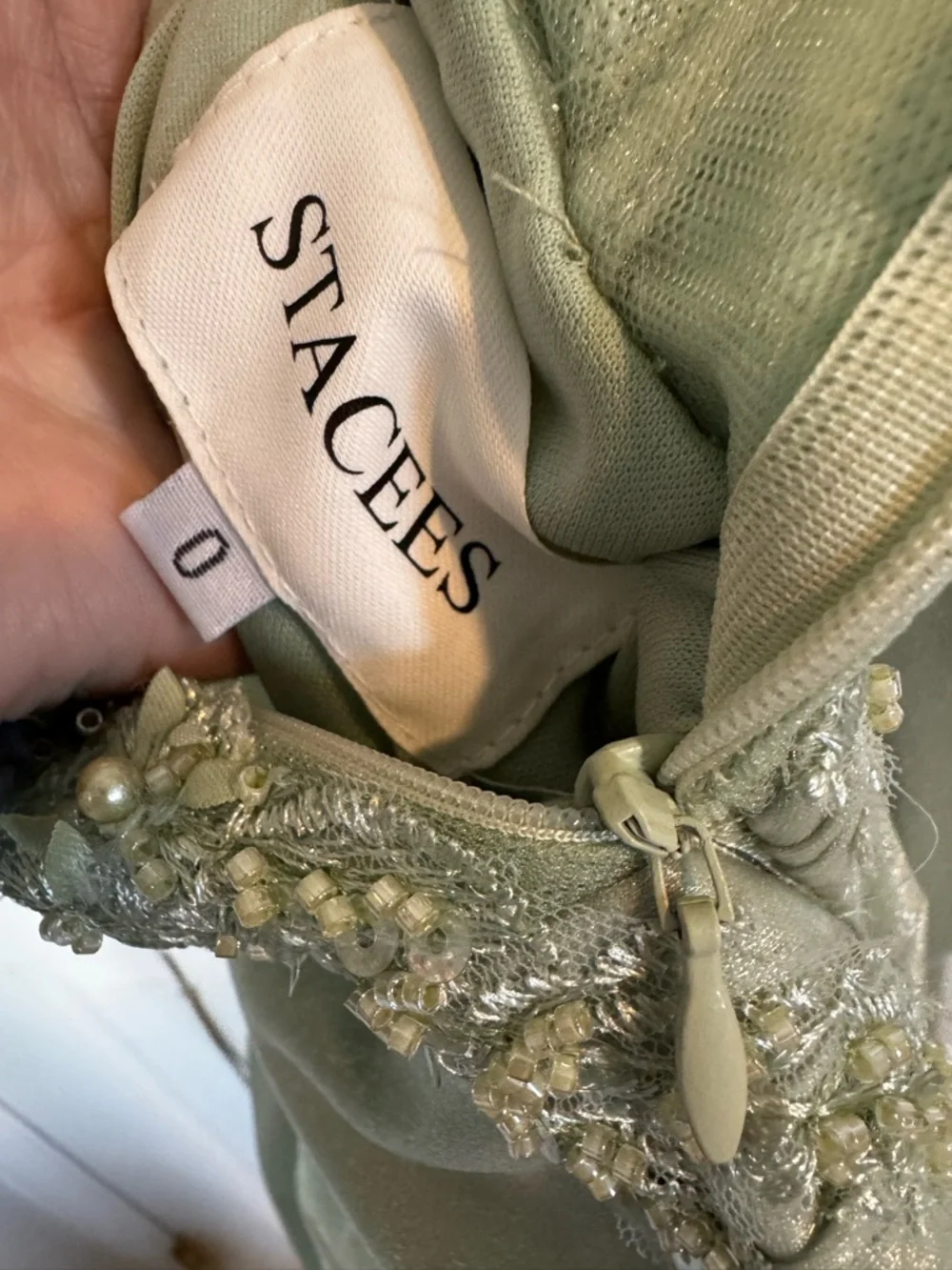 Mermaid V Neck Sheer Beaded Corset Slit Prom Dress with Side Draping Sage NWT 0 - Picture 9 of 9